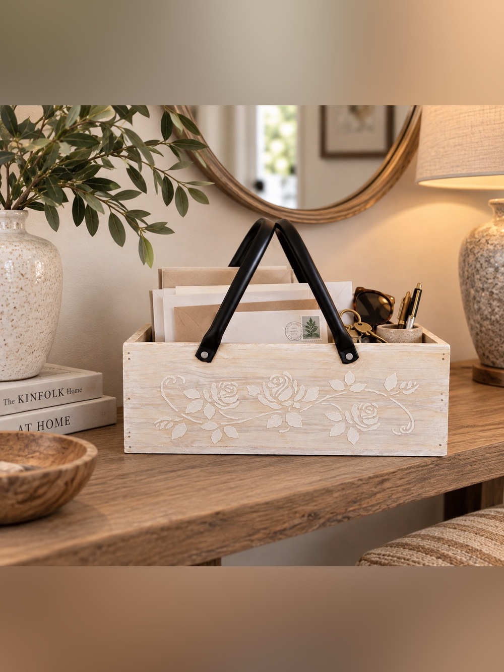 Whitewashed Wood Floral Caddy Basket Black Handles Farmhouse Decor